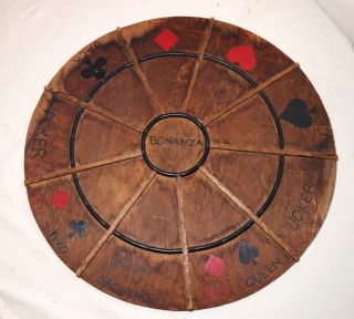 Vintage Handmade Painted Wood Leather Bonanza Circular Card Gaming Board Sign