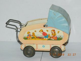 Vintage Ohio Art Tin Toy Metal Baby Doll Carriage Stroller Buggy,  Graphics