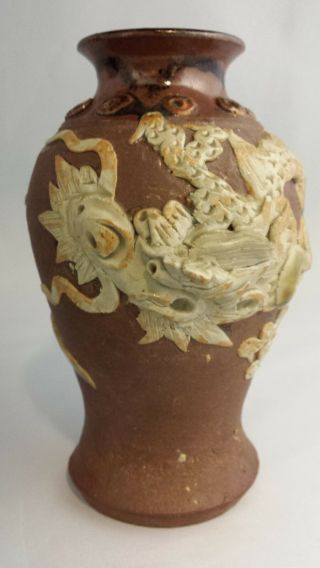 Great Japanese Sumida Gawa Pottery Drip Glazed Vase With High Relief Dragon