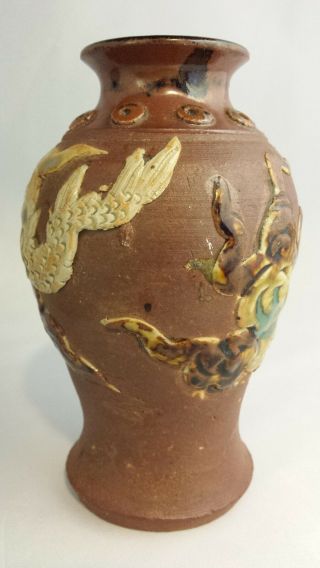 Great Japanese Sumida Gawa Pottery Drip Glazed Vase with High Relief DRAGON 2