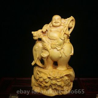 Chinese Box Wood Hand Carved Ride Elephant Happy Laugh Maitreya Buddha Statue弥勒佛