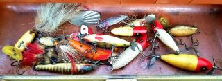 Vintage Old Leather Handle Tackle Box - Full of Old Fishing Lures. 11