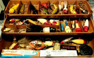 Vintage Old Leather Handle Tackle Box - Full Of Old Fishing Lures.