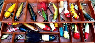 Vintage Old Leather Handle Tackle Box - Full of Old Fishing Lures. 3
