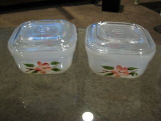 FIREKING OVEN WARE REFRIGERATOR BOWLS 2 WITH LIDS PEACH BLOSSOM MADE IN USA 4