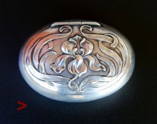Antique German Art Nouveau Iris Silver Box Pill Vanity Box /23gr