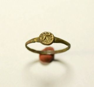 Rare Ancient Greek Bronze Seal Finger Ring With God Nike - Wearable