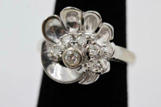 Art Deco Vintage 14k Heavy White Gold & 6 Old Cut Diamonds Size 6.  25 Fanned Ring