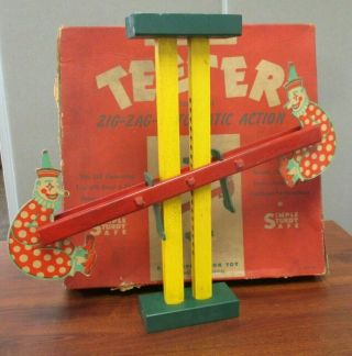 Rare Vtg 1944 Multipl - Aktion Toy Co.  Wood Teeter Zig Zag Clown Toy W/orig Box