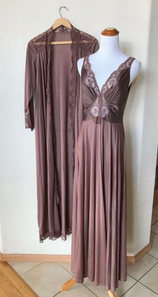 Vtg Olga Bodysilk Long Robe Nightgown Set 9687 9702 Peignoir Brown Sz L Vgc