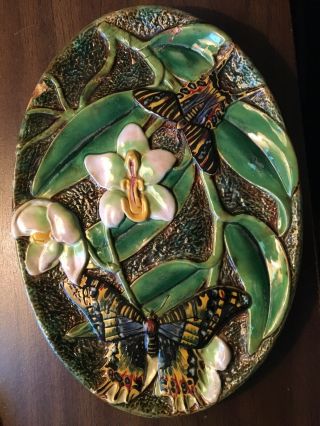 Antique George Jones Majolica Butterfly And Orchid Tray - 19c