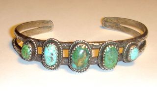 Vintage Old Pawn 5 Oval Cabochon Navajo Turquoise Stamped Cuff Bracelet