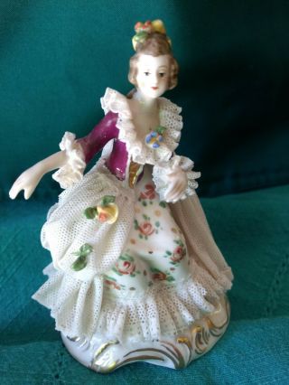 Dresden Lace Figurine Small Woman With Cape 3.  5 "