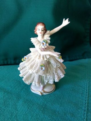 German Dresden Lace Figurine Dancing Girl Small