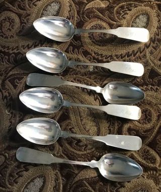 6 Large Coin Silver Spoons Signed S.  M.  Taber