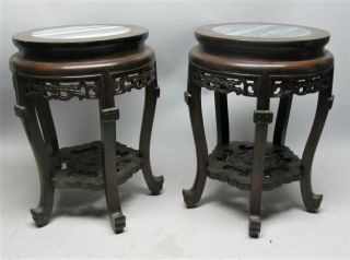 Fine Chinese Carved Wood Pedestal Stands W/ Marble Tops W/ Red Wax Seal