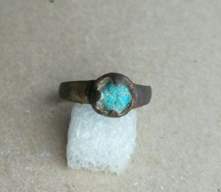Ancient Viking Old Bronze Ring With Blue Stone Very Rare
