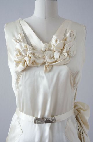 Vintage 1930 ' s Ivory Satin Floral Appliqué Wedding Dress - Art Deco Bridal Gown 6