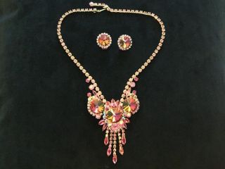 Vintage Delizza & Elster Juliana Owl Pink Rivoli Glass Necklace & Matching Clips