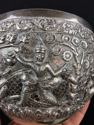 Thailand Siam Pure Silver Repousse Bowl With Hand Hammered People