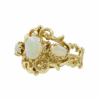 Ladies Vintage Classic Estate 14k Yellow Gold Opal Gemstone Filigree Floral Ring