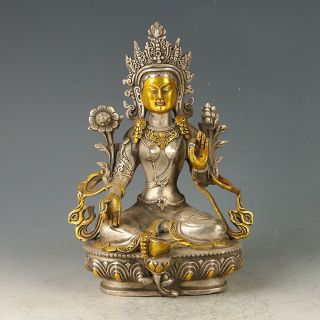 Chinese Antique Silver Copper Gilt Carved Figure Of Buddha Statue Gl566