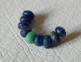 Ancient Roman Beads Of Blue And Green Glass.  9 Psc