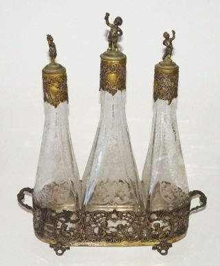 German 800 Silver & Etched Glass Decanter Set & Base Hanau Johann S Kurz Co (rox)