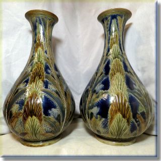 Large Antique Doulton Lambeth Vases By Renown Artist Arthur Barlow 1874