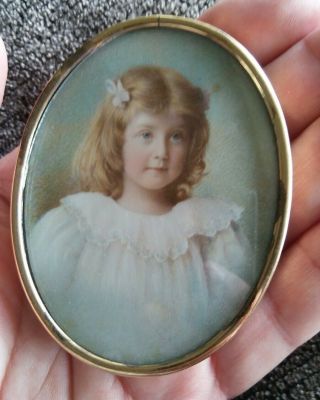 Antique Miniature Portrait Painting Of Lovely Young Girl In Gold Gilt Frame
