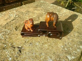 2 Tier Carved Iron Wood Stand For Netsuke Snuff Boxes Or Small Collectables.  2