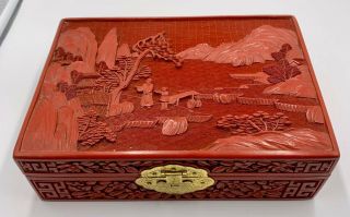 Vintage Cinnabar Jewelry Box With Brass Hardware Pink Lining