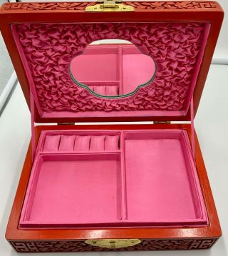 Vintage Cinnabar Jewelry Box With Brass Hardware Pink Lining 7