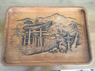 Vintage/antique Japanese Carved Wood Tray - Scenic - Fine Detail - Signed