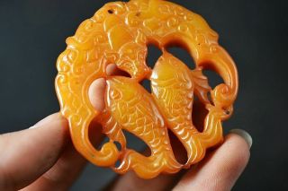 Exquisite Chinese Jade Carved Two - Sided Fishes/bat Pendant H89