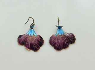 Vintage Chinese Export Flowers Silver Vermeil Purple Enamel Earrings Drops