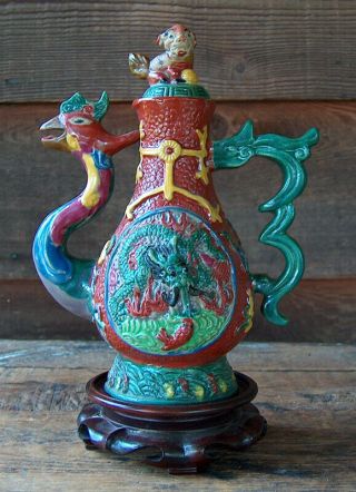 Estate Find Vintage Antique Chinese Rooster Dragon Foo Dog Teapot & Stand