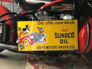 Vintage Porcelain 1939 Sunoco Oil Sign Disney Mickey Mouse Donald Duck Pluto