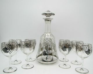 Vintage Signed Saint Graal Grapes Silver Overlay Art Deco 10pc Decanter Set