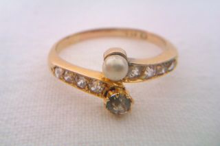 Rare 18ct Gold Pearl Peridot & Old Cut Diamonds Victorian Ladies Ring Circa 1879 4