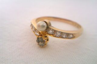 Rare 18ct Gold Pearl Peridot & Old Cut Diamonds Victorian Ladies Ring Circa 1879 5