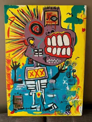 Jean Michel Basquiat Oil Painting On Canvas Signed Rare 27.  5  X 19.  5