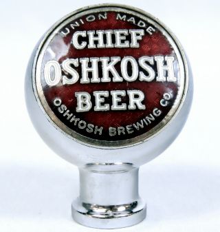 Vintage Chief Oshkosh Brewing Beer Ball Tap Knob Handle Chrome Red White Enamel