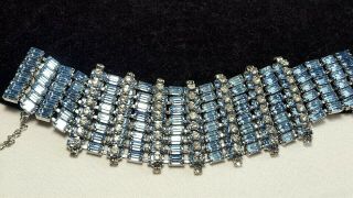 Vintage Unsigned Weiss Silver Baby Blue Rhinestone High End Wide Bracelet