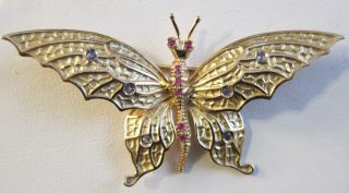 Vintage Estate Tiffany 18k Sapphire Ruby Butterfly Brooch / Pin Italy