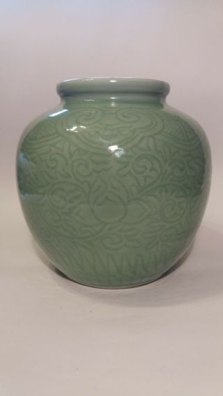 Elegant Chinese Celadon Vase with Carved Floral Tall 8 1/4 