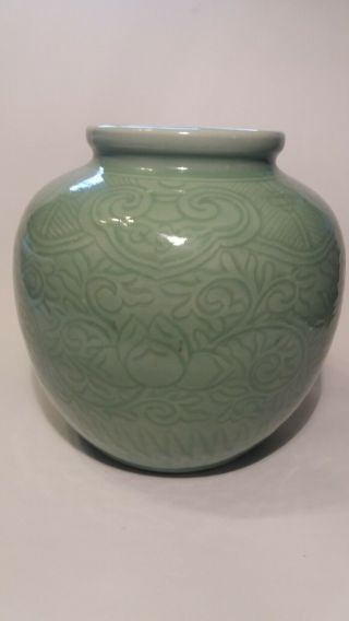 Elegant Chinese Celadon Vase With Carved Floral Tall 8 1/4 "