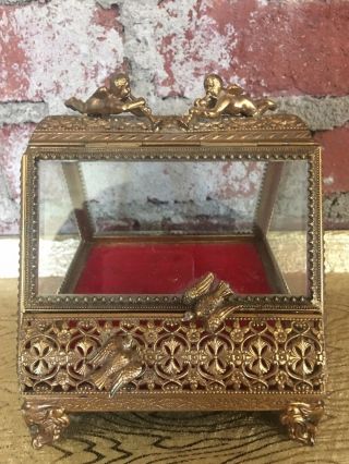 Vintage Ormolu Jewelry Casket Style Beveled Glass With Cherubs & Birds Ornate