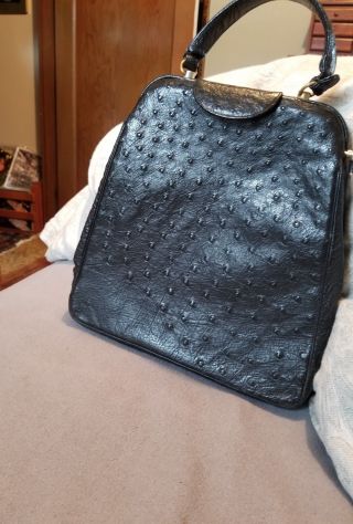 Vtg 40’s Nettie Rosenstein Black Ostrich Leather Bag Handbag Purse Unique