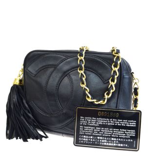 Auth Chanel Cc Logo Fringe Mini Chain Shoulder Bag Leather Black Vintage 94l864